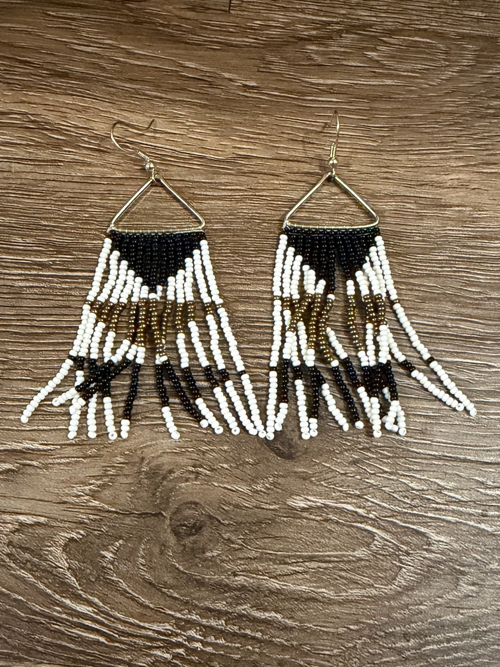 Beaded Fringe Dangle Earrings - Black, White & Gold